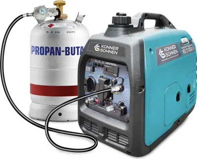 Produktbild von LPG/Benzin-Inverter-Generator KS 3100iG S von Könner & Söhnen. Schallgedämmtes Gehäuse (63 dB Lpa 7 m). Höchstleistung 3100 W*, Schuko-Steckdose 230 V, 2 USB-Anschlüsse, LED-Anzeige, ECO-Modus, Kupferwicklungen, Kurzschluss- und Überlastschutz, Abgasnorm EURO V