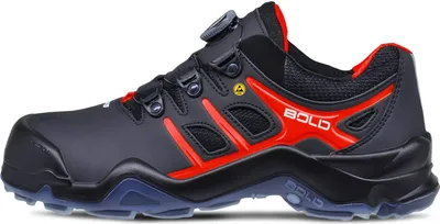 A side view of a black and red safety shoe.