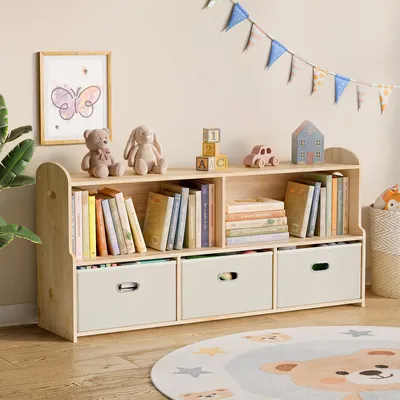 Kinder-Bücherregal aus Holz, 3 Boxen, 120x30x60 cm, natur