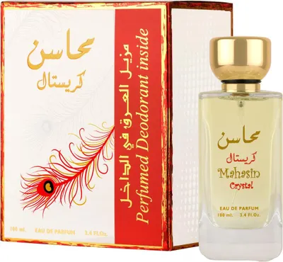 A perfume bottle and its packaging are displayed against a white background.
