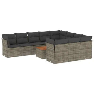 Produktbild von Modulares Garten-Sofa-Set 11-tlg., Loungemöbel für Terrasse, PE-Rattan Grau, Akazienholz-Tischplatte, UV-beständig, inkl. Kissen Dunkelgrau