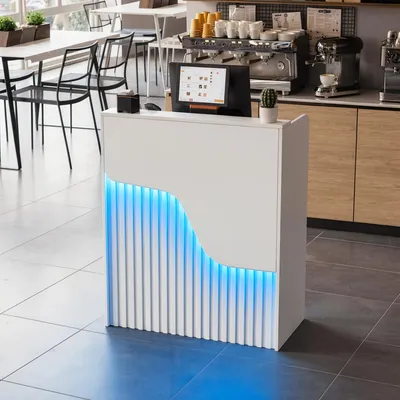 Produktbild von Empfangstheke mit LED-Beleuchtung, Moderner Rezeptionstresen mit abschließbarer Schublade, Kompakter Empfangstisch für Salon, Büro, Hotel und Geschäft
