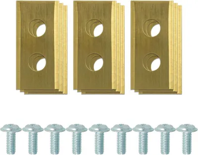 Three stacks of gold-colored replacement blades and a row of silver screws are arranged on a white background.