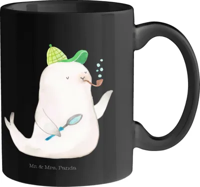Produktbild von Mr. & Mrs. Panda Tasse Robbe Sherlock - Schwarz - Geschenk, Becher, Lustige Sprüche, Kaffeetasse, Keramiktasse, Geschenktasse, Kaffeebecher, Teetasse