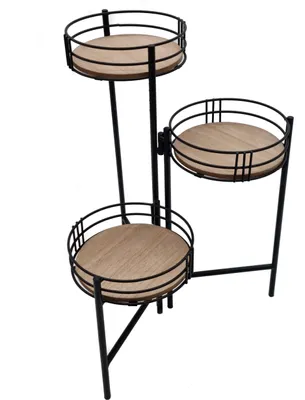 A three-tiered plant stand with a black metal frame and round wooden shelves.