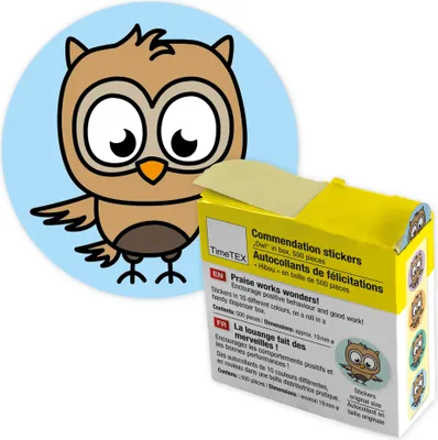 Produktbild von TimeTEX Belobigungs-Aufkleber "Eule" in Spender-Box, 500 Stück