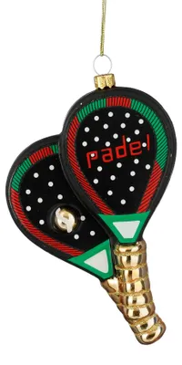 Zwei überkreuzte Padel- oder Tennisschläger aus Glas als Christbaumschmuck mit schwarzen Schlagflächen, rot-grünem Rand und goldenen Griffen.