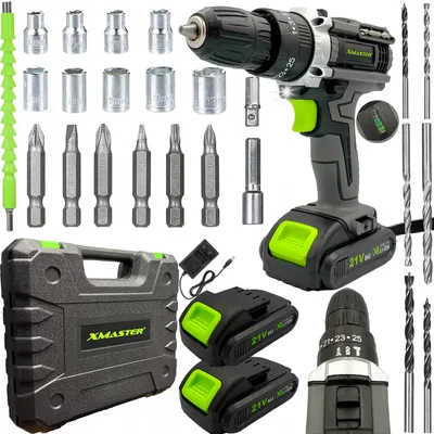 A collection of power tools and accessories laid out on a white background.