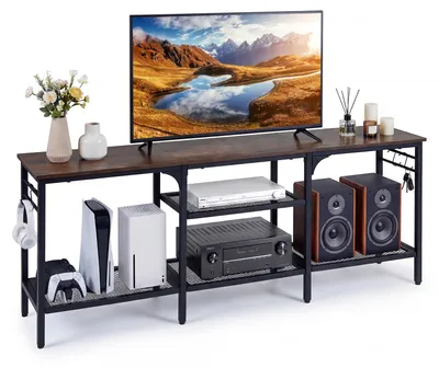 Zdjęcie produktu dla Szafka RTV COSTWAY, 140 cm, pod telewizor do 65 cali, szafka z otwartymi półkami, 4 haczyki i metalowa konstrukcja, stolik pod telewizor w kolorze brązowym