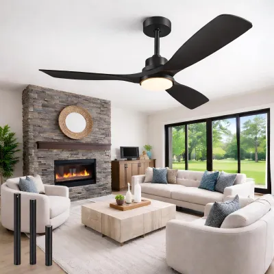 Deckenventilator mit Licht, 132 cm, 3 Holzflügel, schwarz, DC-Motor