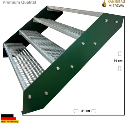 Obrázek produktu pro Mřížové ocelové schodiště se 4 stupni Pozinkované a zeleně práškově lakované podélníky - (d x š x v) 82 cm x 60 cm x 76 cm