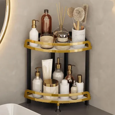 Produktbild von 2-stufiger Badezimmer-Thekenorganizer, schwarzer Eck-Organizer für Hautpflege und Make-up, praktisches Aufbewahrungsregal für die Thek -schwarz-gold.