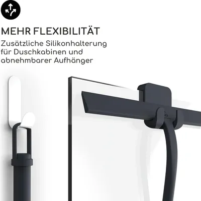 Produktbild von GÜTEWERK Duschabzieher Set mit Halterung - schwarz 28 cm breit - ohne Bohren Silikon Abzieher Dusche Badezimmer Fenster Fensterabzieher Edelstahl Kern Scheibenabzieher mit Saugnapf Halter Badabzieher