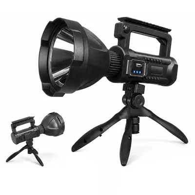 Produktbild von LED Handscheinwerfer 30W, 500m Reichweite, 8000mAh Akku, USB aufladbar, 360° Stativ, 4 Lichtmodi, Suchscheinwerfer für Outdoor