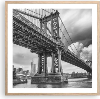 Produktbild von Gerahmtes Poster - Rahmen in heller Eiche - Manhattan Brücke Schwarzweiß - 60x60 cm - Wand Bild - Wanddeko - Wandbilder - Wandposter - Bilderrahmen - Bilder - Kunstdruck - Wandbild - P2NAC60x60-4156