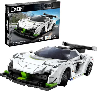A white and green toy race car made of building blocks, displayed next to its packaging.