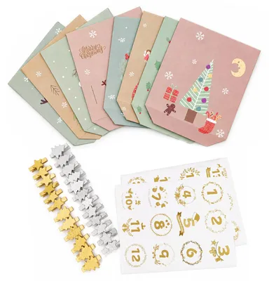 Adventskalender zum Selbstbefüllen, 24 Tüten, Juteschnur, Holzklammern