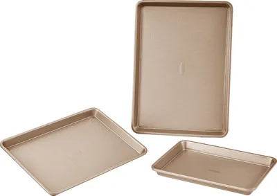 Produktbild von SucceBuy Backformen-Set, 3-teilig, antihaftbeschichteter Kohlenstoffstahl, stapelbar, Silikongriffe, zum Backen von Keksen, Kuchen, Muffins und Brot