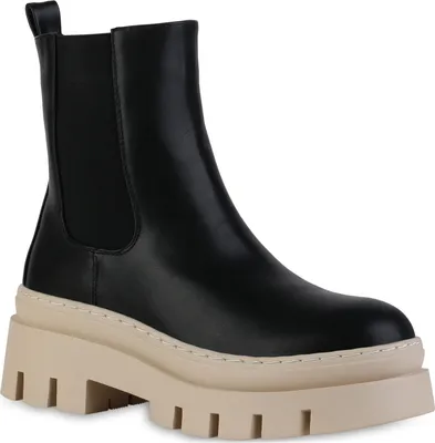 A black and beige platform boot.