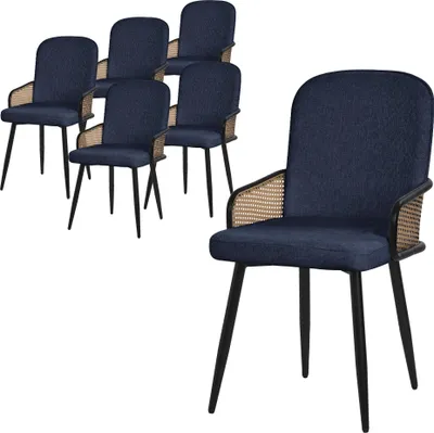Obrázok produktu pre ML-Design jedálenské stoličky sada 6 tmavomodrých kuchynských stoličiek potiahnutých látkou s podrúčkami v ratanovom vzhľade Čalúnené stoličky s kovovými nohami Ergonomické kreslo