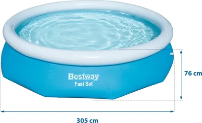 An inflatable swimming pool filled with water, with dimensions indicated.
