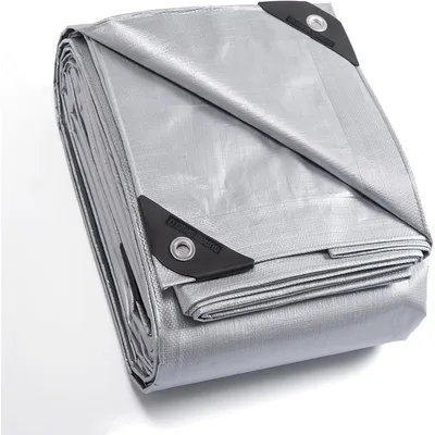 Zdjęcie produktu dla Plastikowa plandeka z oczkami, wodoodporna, 4m x 4m, szara, 160g/m². Uniwersalna plandeka ochronna