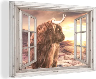 Produktbild von OneMillionCanvasses® - Leinwandbilder - 150x100 cm, Schottisches Hochlandrind - Aussicht - Sonnenuntergang, - Geöffnetes Fenster - Fensterblick Hochland Rind - Tier Wanddekoration - Hochland Rind - Kuh - Gemälde auf