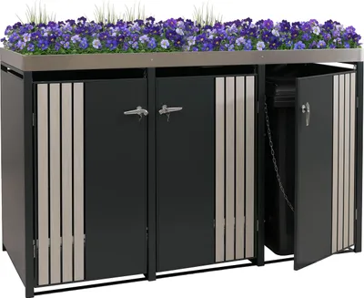 Obrázok produktu pre kryt na 3 odpadkové koše HWC-O67, odpadkový kôš s boxom na sadenie, kov 125x196x84cm 75kg ~ antracitový vzhľad svetlého dreva