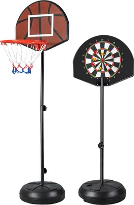 Produktbild von GOPLUS 2 in 1 Basketballkorb mit Dartscheibe & 6 Darts, Basketballständer Outdoor für Kinder 3-10 Jahren, 96-146cm Korbhöhe verstellbar, Basketballkorb mit Ständer