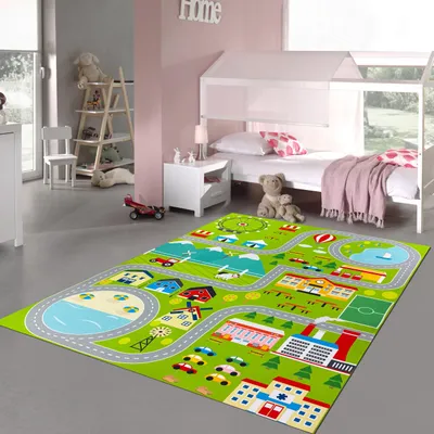 Image de Tapis ludique pour chambre d'enfant avec motif urbain vert - Dimensions : 240 x 340 cm