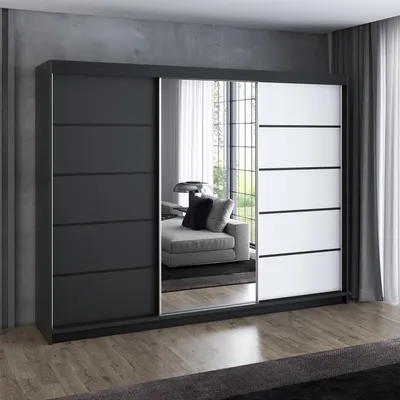 Produktbild von Schwebetürenschrank 200 cm, 3-türig, mit Spiegel & 4 Schubladen, Retro-Stil, Kleiderschrank VILUNO 2 in Schwarz / Schwarz / Weiß