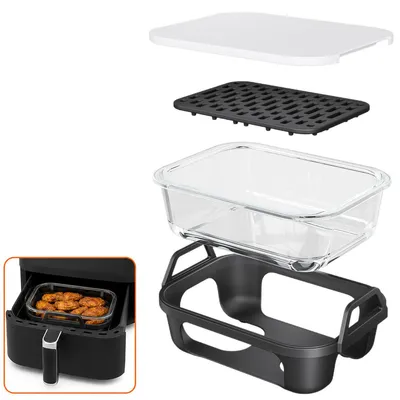 Produktbild von Glas Auflaufform passend für Ninja AF400EU DZ400EU AF500EU, Airfryer Zubehör mit Silikonrahmen, Abtropfeinsatz & Deckel