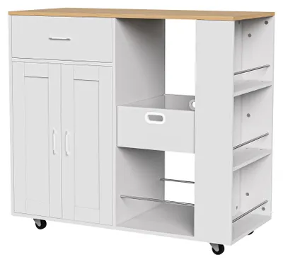 Image de Îlot de cuisine - Chariot de cuisine sur roulettes - 2 portes - 8 tiroirs - Étagère à épices - Plan de travail - MDF - Blanc
