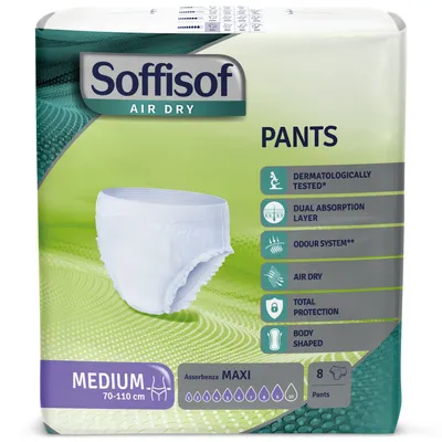 Image de Soffisof Air Dry Pants Maxi M - 8x Culotte Incontinence Femme et Homme - Couche Adulte Absorption 9 Gouttes, Couches Culotte Taille M (70-110 cm)