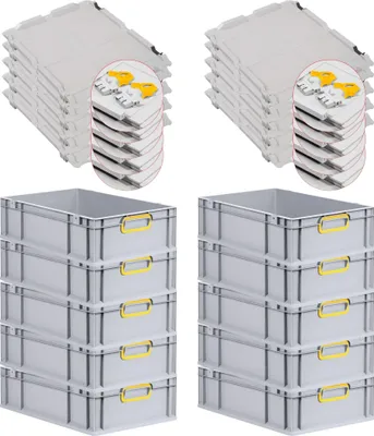 Produktbild von SuperSparSet 10x Eurobox NextGen Color mit Scharnierdeckel und Schiebeschnappverschlüssen | HxBxT 17x40x60cm | 34 Liter | Grau | Griffe gelb geschlossen | Glatter Boden | Eurobehälter, Transportbox, Transportbehälter, Stapelbehälter
