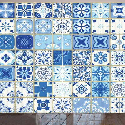 Zdjęcie produktu dla ARANDE Azulejos Gardine, różne motywy abstrakcyjne w stylu śródziemnomorskiej ceramiki w kształcie kwadratu, 280 x 245 cm, biały, niebieski, szary, żółty