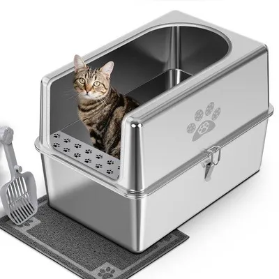 Obrázek produktu pro Ocelová kočičí toaleta XL s víkem, okraj vysoký 20 cm, boční stěny pro kočky, robustní, snadno se čistí, bez zápachu, včetně lopatky a podložky