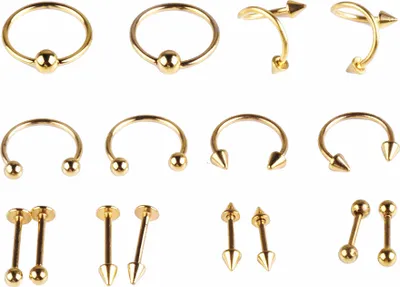 Produktbild von 16 Stück Lippen-Nasen-Augenbrauen-Bolzen-Bauch-Zungen-Ringe, Körper-Piercing-Werkzeug, Schmuck, Geschenk-Golden