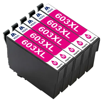 A group of magenta printer ink cartridges arranged diagonally.