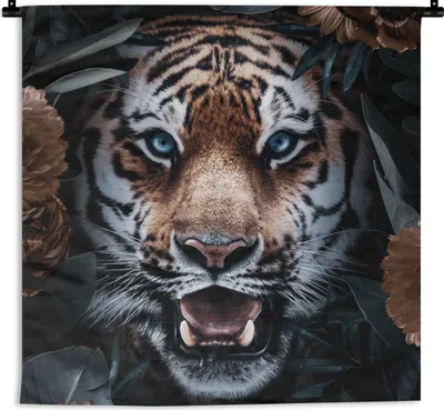 Produktbild von MuchoWow® Wandteppich Wandbehang Tiger - Blumen - Blatt 150x150 cm Tapisserie Dekoration Wandtuch - Wohnaccessoires - Modernes