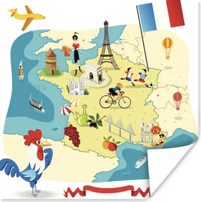 Produktbild von MuchoWow® Poster Eine Illustration einer cartoonartigen Karte von Frankreich in Europa 100x100 cm - Babyzimmer
