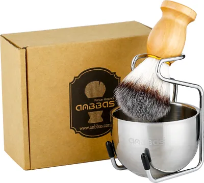 Immagine prodotto di Anbbas Set di pennelli da barba, 3in1 pennello da barba in pelo di tasso sintetico stile vegano, supporto da barba in acciaio inox + ciotola, perfetto per la rasatura a umido