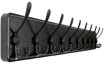 Obrázok produktu pre Nástenná vešiaková tyč, dĺžka 98 cm, s 10 trojramennými háčikmi, drevo, čierna farba