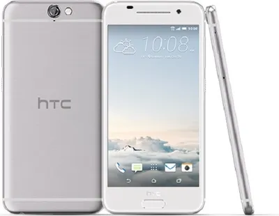 A silver HTC One A9 smartphone is shown from the back, front, and side against a white background. The screen displays the time and weather.