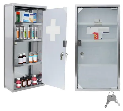 Produktbild von Medizinschrank abschließbar Edelstahl mit Sicherheitsglas Tür 4 Fächer 57,5x30x12cm