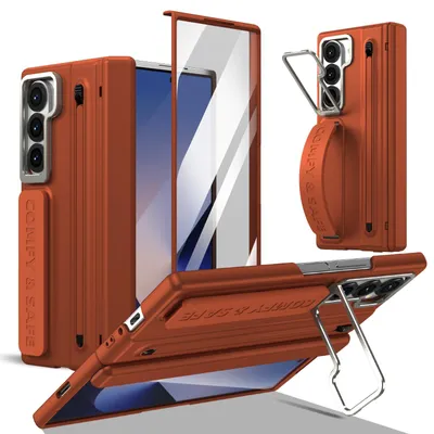 Produktbild von Schutzhülle für Samsung Galaxy Z Fold 6 mit Ständer, Scharnierschutz, Stylus & Handschlaufe, Stoßfestes PC Case Braun