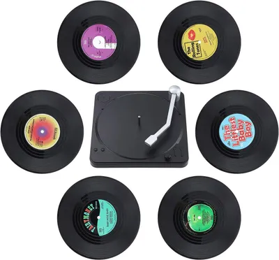 Productafbeelding van Y 6 stuks Retro CD Record Vinyl Onderzetters - Antislip Drankonderzetters - Geïsoleerde Thee Koffiekopmat met houder