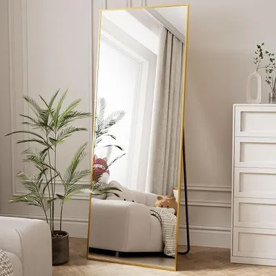 Produktbild von rechtwinkliger Ganzkörperspiegel, 60x165 cm, Ganzkörperspiegel mit Rahmen aus Aluminiumlegierung, aus gehärtetem Glas, geeignet für Wohnzimmer, Schlafzimmer, Badezimmer usw., Gold