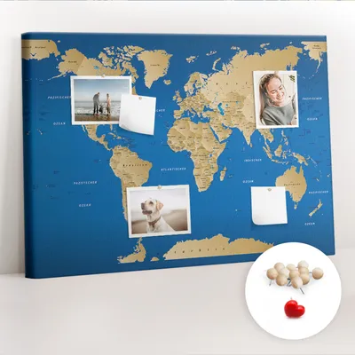Immagine prodotto di Lavagna in sughero con puntine - Pannello con puntine per foto e appunti - 100x70 cm - Spille di legno, 100 pezzi - Mappa del mondo