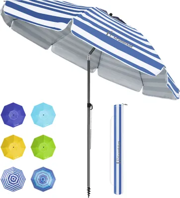 Produktbild von Grandekor Sonnenschirm Ø180cm winddichter Strandschirm Balkon Gartenschirm Marktschirm, Terrassenschirm mit Bodenhülse & Drehstange & Schutzhülle, Blau und weiß Streifen Rund Sonnenschutz UV50+